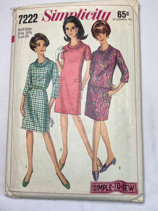Simplicity Sewing Pattern 7222 Misses' Two-Piece Dress, Collar, Top, Skirt, Side Zipper, Back Zipper, Size 14 1/2, Cut, Vintage 1967
