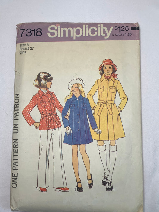 Simplicity Sewing Pattern 7318 Girls' Coat, Button Front, Two Lengths, Long Sleeves, Size 8, Cut, Vintage 1975