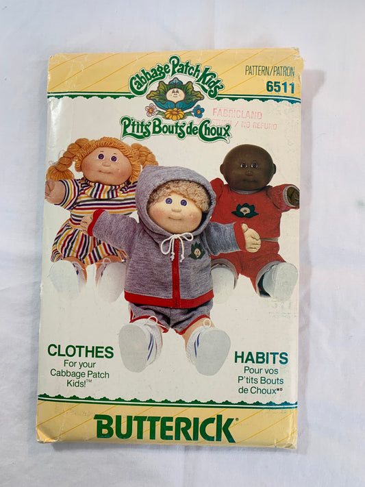 Butterick Sewing Pattern 6511 Cabbage Patch Doll Clothes, Hooded Jacket, Shorts, Pull-On, Zipper Front, Top, Pants, Dress, 16" Doll, Uncut, Vintage 1986