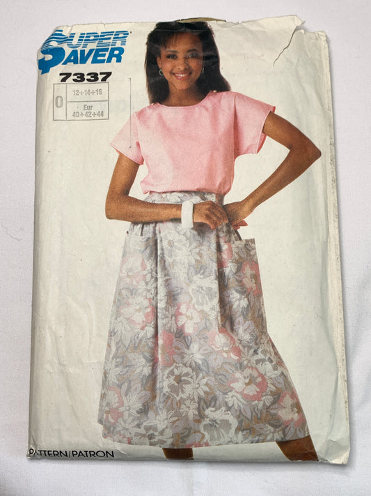Simplicity Sewing Pattern 7337 Misses' Top, Skirt, Knee Length, Short Sleeves, Elastic Waist, Size 12-16, Cut, Vintage 1986