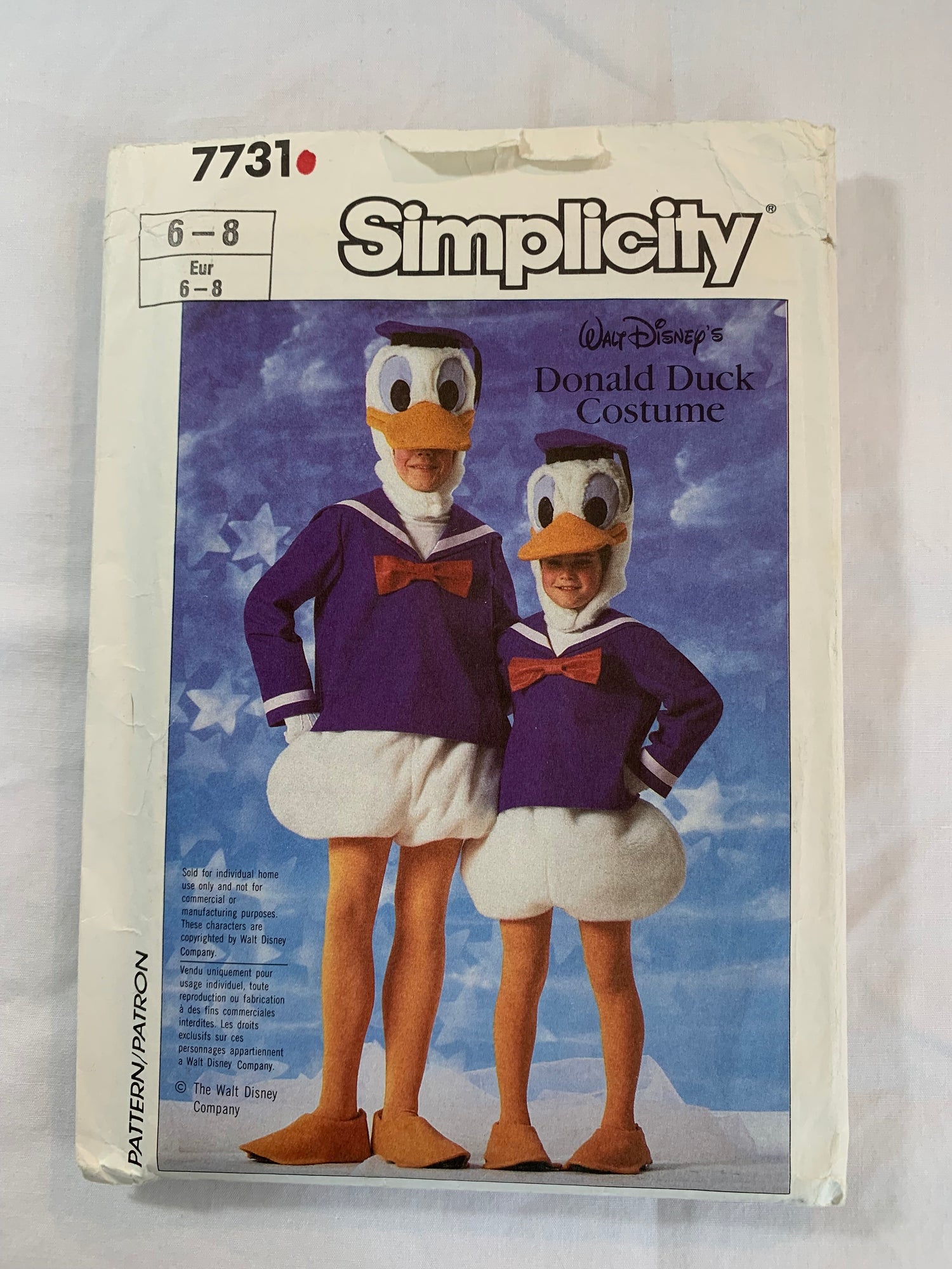 Simplicity Sewing Pattern 7731, Girls'/Boy's, Costumes, Halloween, Donald Duck, Size 6-8, Uncut, Vintage 1986