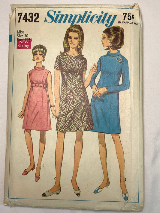 Simplicity Sewing Pattern 7432 Misses' Dress, Princess Seams, Zipper Back, Long/Short Sleeves, Sleeveless, Size 11, Cut, Vintage 1967