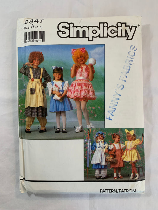 Simplicity Sewing Pattern 9947 Girls' Child's Storybook Costumes, Annie, Little BoBeep, Alice in Wonderland, Dress, Zipper Back, Size 3-8, Uncut, Vintage 1990