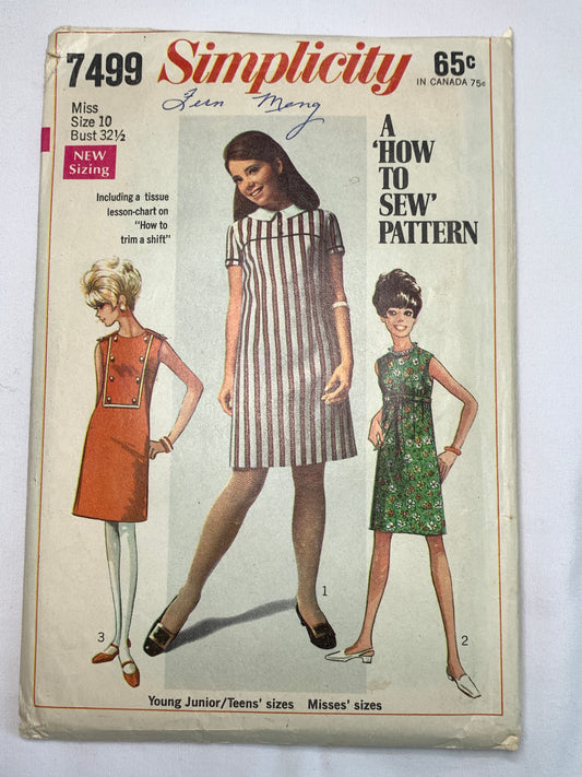 Simplicity Sewing Pattern 7499 Misses'/Junior Dress, Zipper Back, Sleeveless, Short Sleeves, Size 10, Cut, Vintage 1967