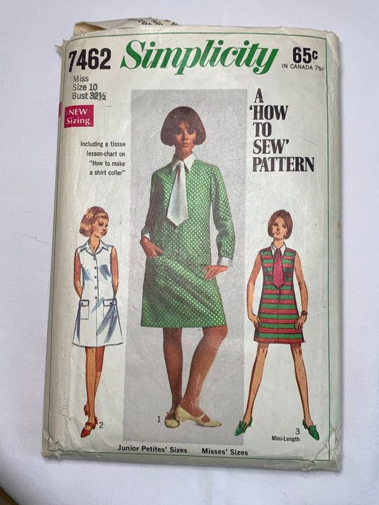 Simplicity Sewing Pattern 7462 Misses'/Junior Petites Dress, Button Front, Sleeveless, Long Sleeves, Tie Belt, Size 10, Cut, Vintage 1967