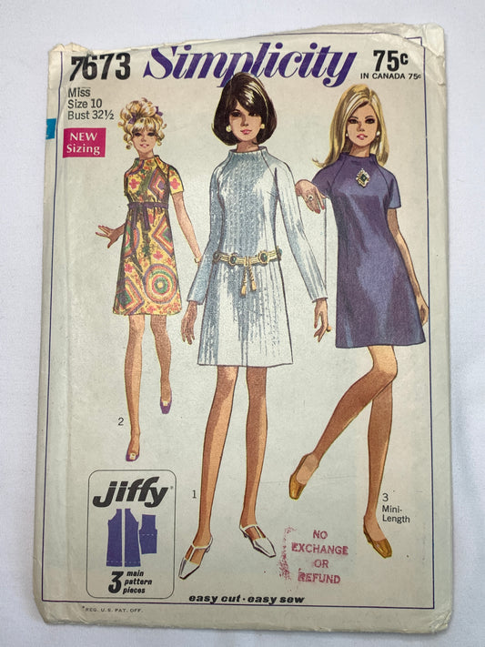 Simplicity Sewing Pattern 7673 Misses' Jiffy Dress, Two Lengths, Zipper Back, Sleeveless, Long/Short Sleeves, Size 10, Cut, Vintage 1967