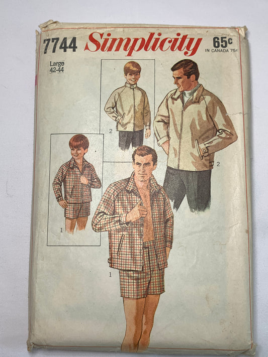 Simplicity Sewing Pattern 7744 Men's/Boys' Jacket, Swim Shorts, Zipper Front, Long Raglan Sleeves, Size 42-44, Cut, Vintage 1968
