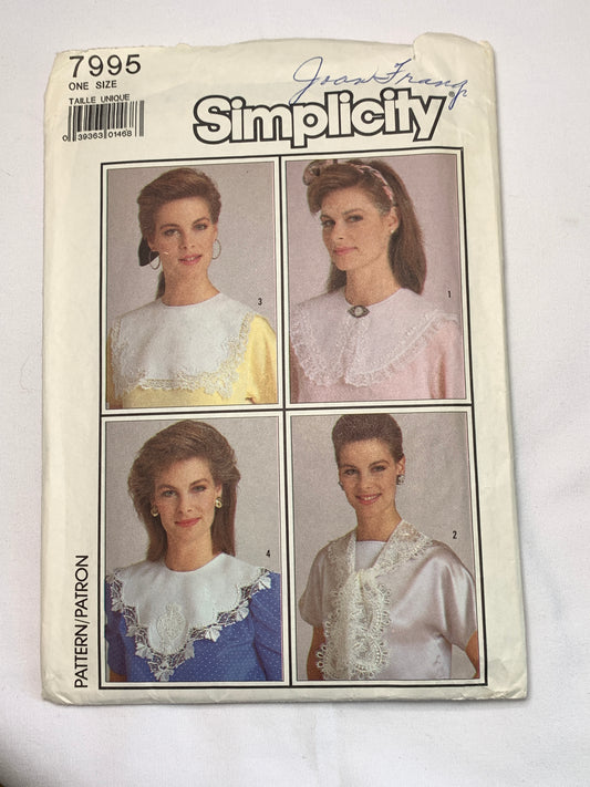 Simplicity Sewing Pattern 7995 Misses' Set of 4 Collars, Fashion Accessories, Size Sm-Lg, Cut, Vintage 1986