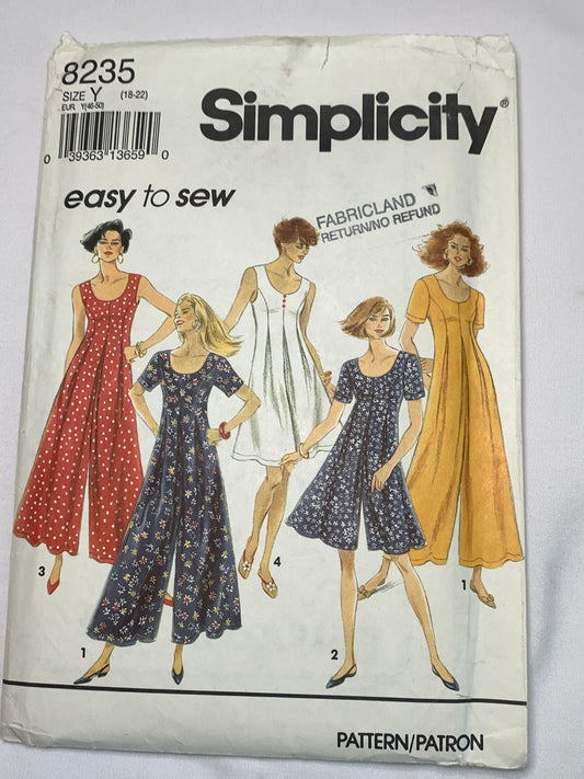 Simplicity Sewing Pattern 8235 Misses'/Miss Petite Jumpsuit, Two Lengths, Sleeveless, Short Sleeves, Zipper Back, Size 18-22, Cut, Vintage 1992