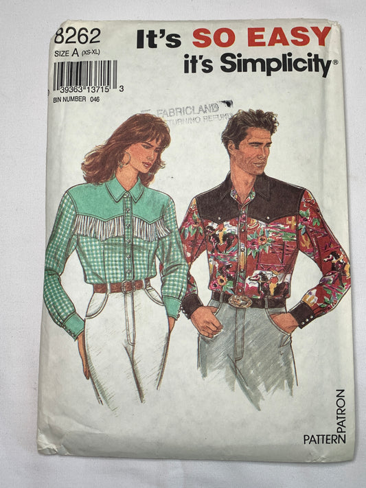 Simplicity Sewing Pattern 8262 Misses'/Men's/Teens' Western Shirt, Long Sleeves, Snap/Button Front, Size 30-48, Cut, Vintage 1992