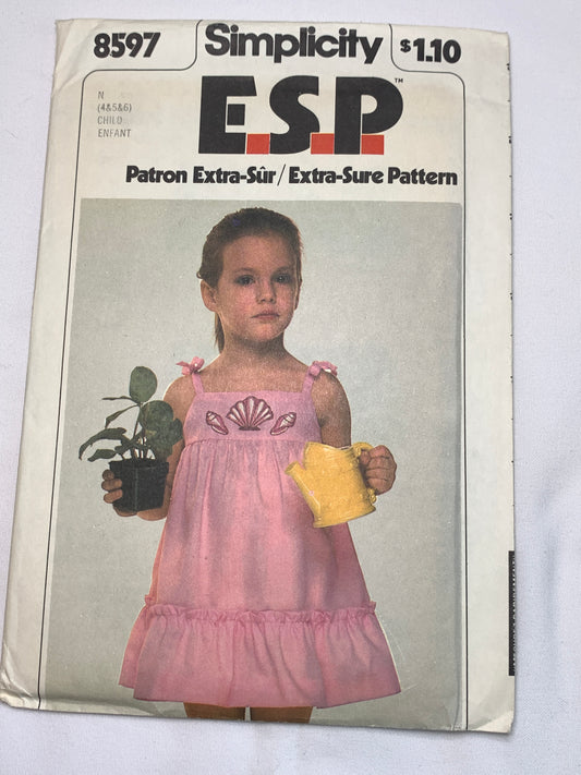 Simplicity Sewing Pattern 8597 Girls' SunDress, Sleeveless, Size 4-6, Cut, Vintage 1978