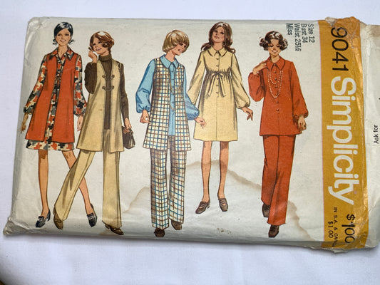 Simplicity Sewing Pattern 9041 Misses' Maternity Dress, Tunic, Vest-Coat, Pants, Button Front, Elastic Waist, Long Sleeves, Size 12, Uncut, Vintage 1970