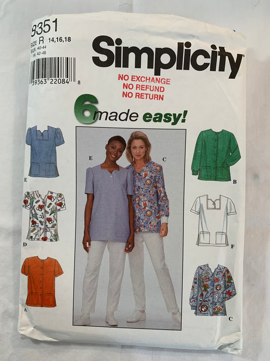 Simplicity Sewing Pattern 8351 Misses' Top, Long/Short Sleeves, Pockets, 6 Variations, Button Front, Size 16-18, Uncut, Vintage 1998