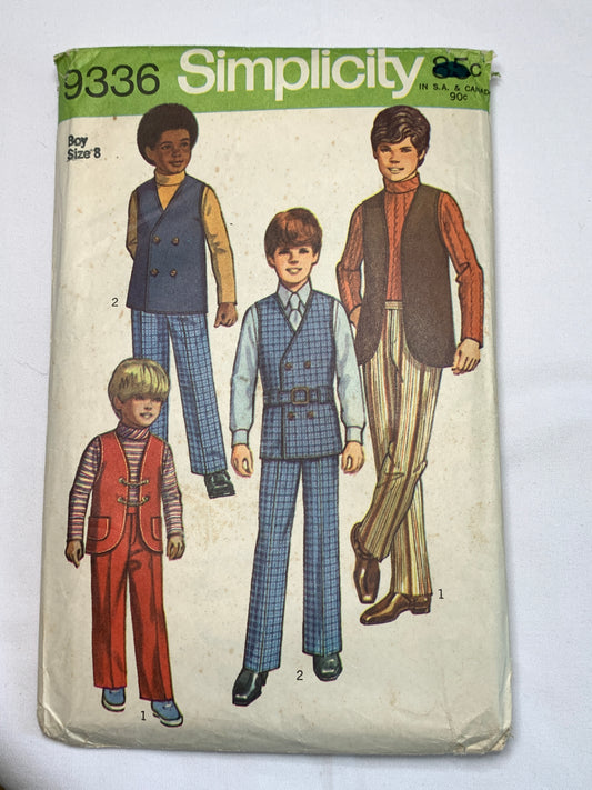 Simplicity Sewing Pattern 9336 Boys' Pants, Shirt, Reversible Vest, Belt, Pocket, Button Front, Size 8, Cut, Vintage 1971