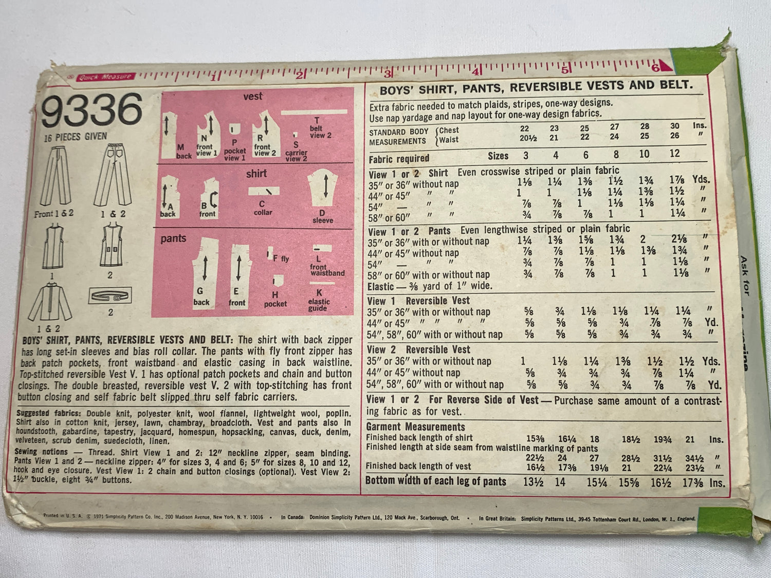 Simplicity Sewing Pattern 9336 Boys' Pants, Shirt, Reversible Vest, Belt, Pocket, Button Front, Size 8, Cut, Vintage 1971