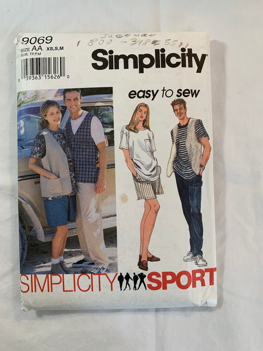 Simplicity Sewing Pattern 9069 Misses'Men's T-Shirt, Pants Lined Vest, Shorts,Two Lengths, Short Sleeves, Pullover, Pockets, Elastic Waist, Sleeveless, Size 30-40, Uncut, Vintage 1994