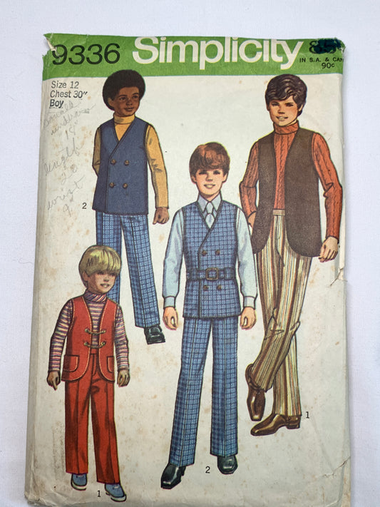 Simplicity Sewing Pattern 9336 Boys' Pants, Shirt, Reversible Vest, Belt, Pocket, Button Front, Size 12, Cut, Vintage 1971