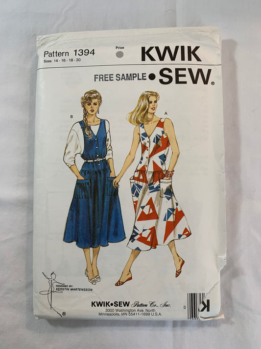 KWIK Sewing Pattern 1394 Misses' Dress, Jumper, Pockets, Shoulder Straps, Sleeveless, Gathered Waist, Size 14-20, Uncut, Vintage 1984