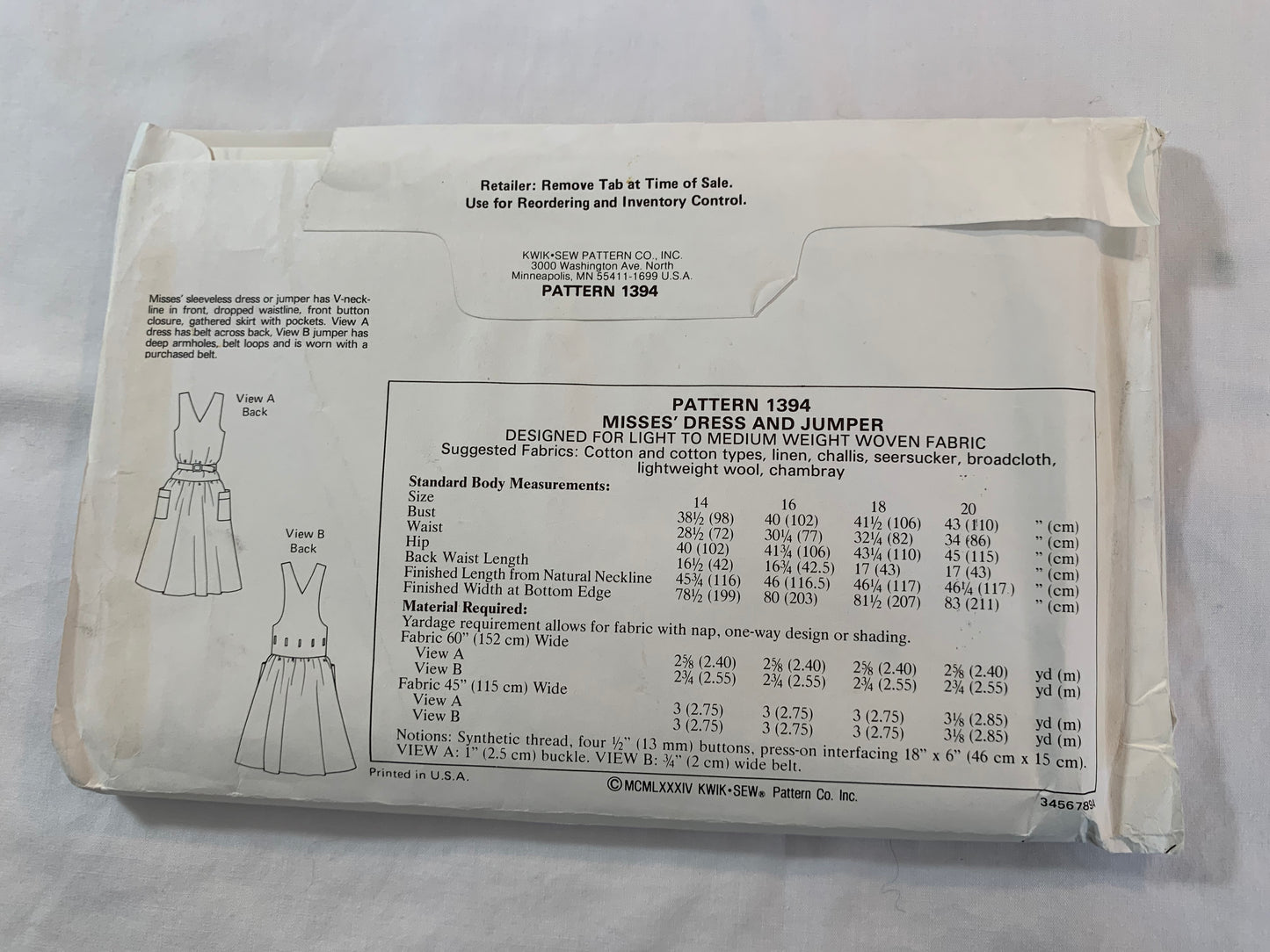 KWIK Sewing Pattern 1394 Misses' Dress, Jumper, Pockets, Shoulder Straps, Sleeveless, Gathered Waist, Size 14-20, Uncut, Vintage 1984