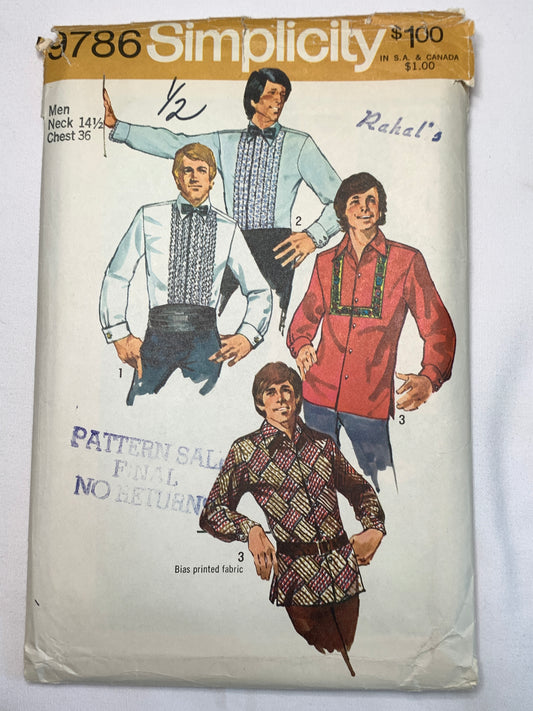 Simplicity Sewing Pattern 9786 Men's, Shirts, Long Sleeves, Collar, Button Front, Cuffs, Size 14 1/2, Cut, Vintage 1971