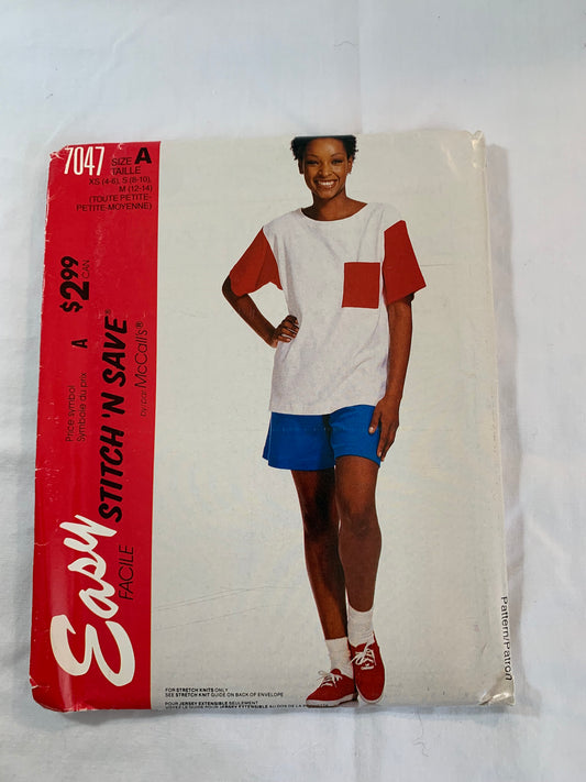McCall's Sewing Pattern Stitch 'N Save 7047 Misses' T-Shirt, Shorts, Stretch Knits Only, Elastic Waist, Pullover, Short Sleeves, Pocket, Size 4-22, Uncut, Vintage 1994