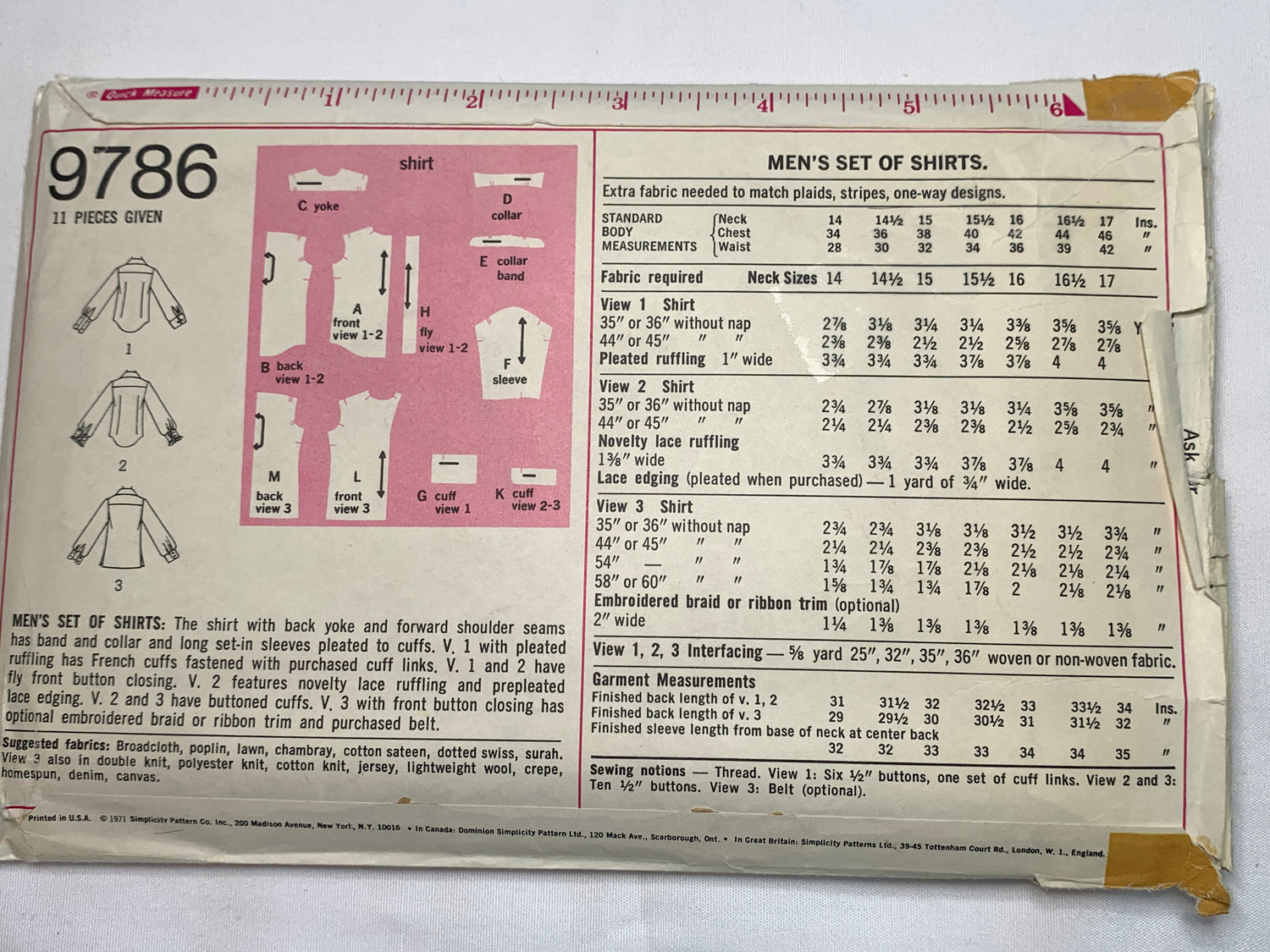 Simplicity Sewing Pattern 9786 Men's, Shirts, Long Sleeves, Collar, Button Front, Cuffs, Size 14 1/2, Cut, Vintage 1971