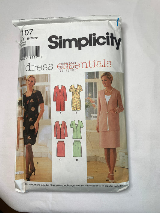 Simplicity Sewing Pattern 7107 Misses'/Misses' Petite Dress, Top, Skirt, Knee Length, Long/Short Sleeves, Elastic Waist, Size 18-22, Uncut, Vintage 1996