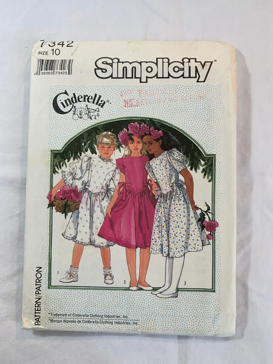 Simplicity Sewing Pattern Cinderella 7342 Girls' Dress, Gathered Waist, Princess Seams, Back Button, Ruffles, Pleats, Long/Short Sleeves, Size 7-10, Cut, Vintage 1988