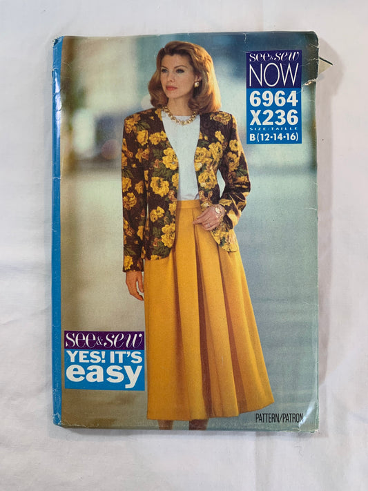 Butterick Sewing Pattern See & Sew 6964 Misses' Jacket, Top, Skirt, Loose-Fitting, Shoulder Pads, Pullover, Long Sleeves, Elastic Waist, Size 12-16, Uncut, Vintage 1993