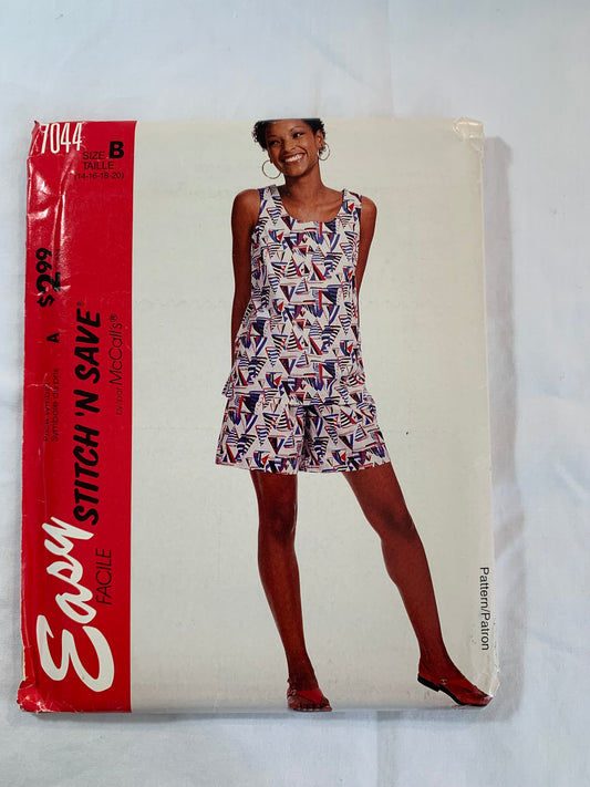 McCall's Stitch N Save Sewing Pattern 7044 Misses' Tank Top, Shorts, Elastic Waist, Pockets, Sleeveless, Wide Leg, Size 14-20, Uncut, Vintage 1994