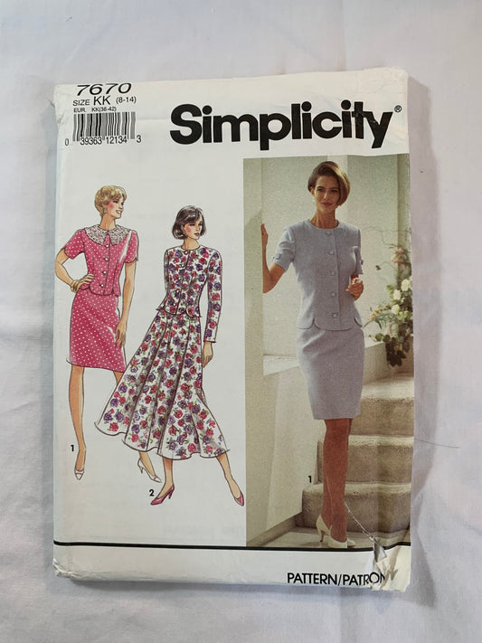 Simplicity Sewing Pattern 7670 Misses'/Miss Petites Two Piece Dress,Top,Skirt, Flared, Long/Short Sleeves, Collar, Zipper Back, Button Front, Size 8-14, Uncut, Vintage 1991