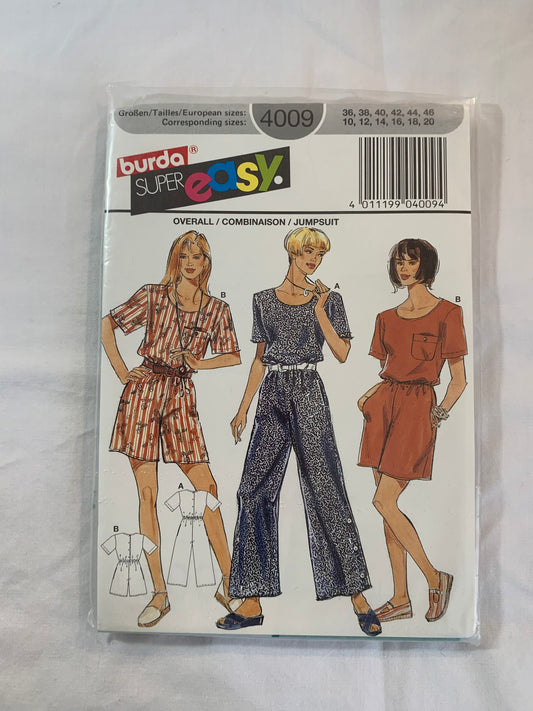 Burda Sewing Pattern 4009 Misses' Jumpsuit, Two Lengths, Elastic Waist, Short Sleeves, Loose-Fitting, Pockets, Round Neckline, Size 10-20, Uncut, Vintage 1990
