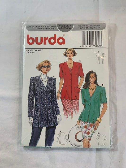 Burda Sewing Pattern 3980 Misses' Jacket, Long/Short Sleeves, Shoulder Pads, Button Front Pockets, Loose-Fitting, Size 12-22, Uncut, 2000