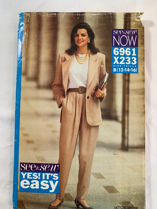 Butterick Sewing Pattern See & Sew 6961 Misses' Jacket, Tapered Pants, Loose-Fitting, Long Sleeves, Elastic Waist, Shoulder Pads, Pockets, Collar, Size 12-16, Uncut, Vintage 1993