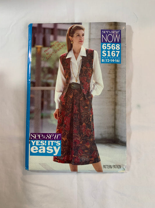Butterick Sewing Pattern See & Sew 6568 Misses'Misses' Petite, Vest, Skirt, Shirt, Fitted, Lined, Flared, Pockets, Zipper Back, Shoulder Pads, Size 12-16, Uncut, Vintage 1992