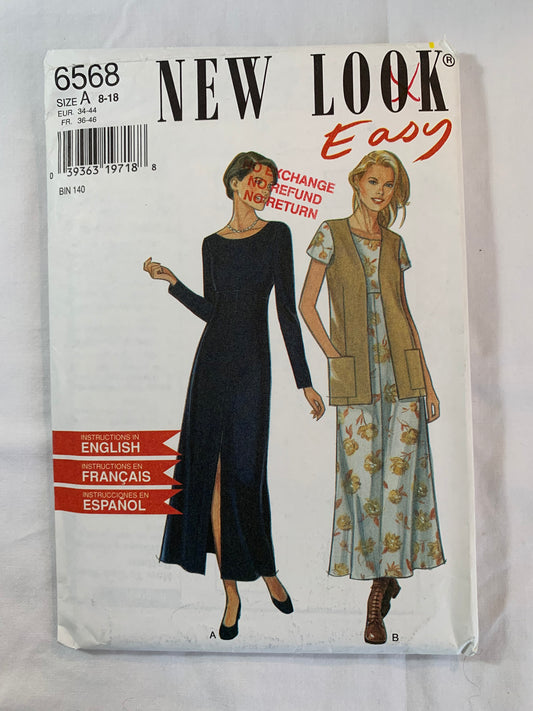 Simplicity New Look Sewing Pattern 6568 Misses' Dress, Vest, Zipper Back, Pockets, Semi-Fitted, Long/Short Sleeves, Size 8-18, Uncut, 2004