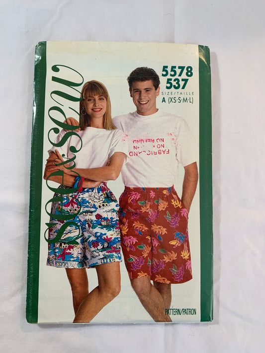Butterick See & Sew Sewing Pattern 5578 Misses'/Men's Shorts. Straight Legged, Two Lengths, Pockets, Elastic Waist, Size XS-L, Uncut, Vintage 1987