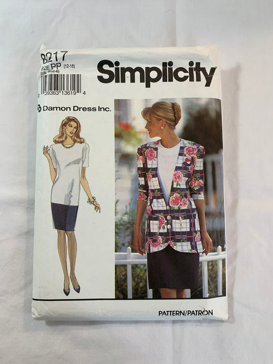 Simplicity Sewing Pattern 8217 Misses'/Miss Petite Dress, Unlined Jacket, Long/Short Sleeves Zipper Back, Pockets, Pleats Size 12-18, Uncut, Vintage 1992
