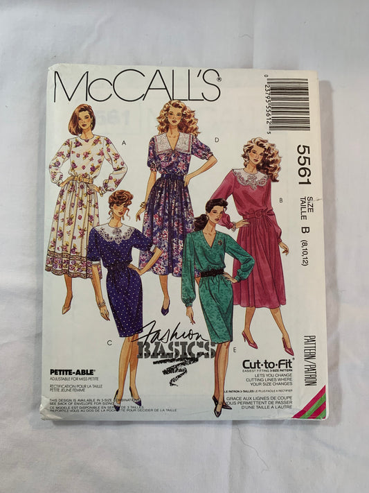 McCall's Sewing Pattern 5561 Misses' Dresses, 5 Variations, Loose-Fitting, Zipper Back, Two Lengths, Long/Short Sleeves, Gathered Waist, Size 8-12, Uncut, Vintage 1991