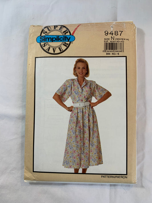 Simplicity Sewing Pattern 9487 Misses'/Miss Petite Dress Short Sleeves, Button Front, Pleated, Elastic Waist, Pockets, Collar, Handkerchief, Size 10-14, Uncut, Vintage 1989