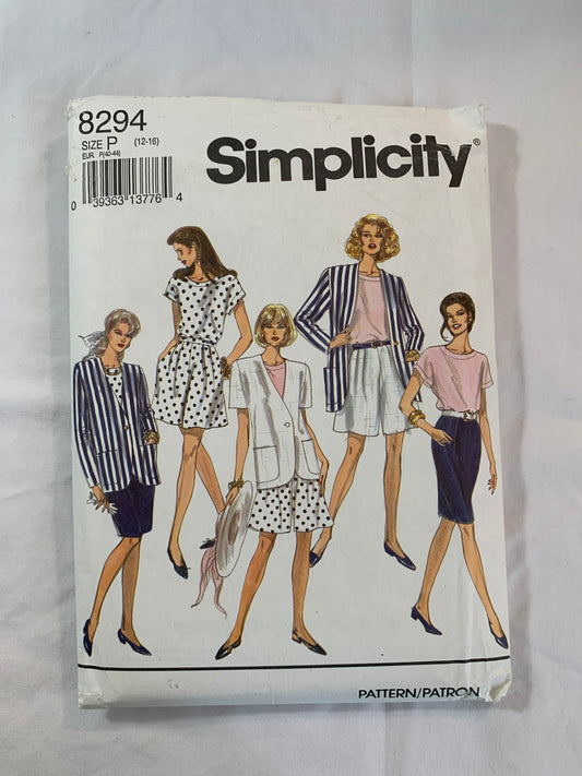 Simplicity Sewing Pattern 8294 Misses' Shorts, Skirt, Top, Unlined Jacket, Long/Short Sleeves, Elastic Waist, Pullover, Pleats, Size 152-16, Uncut, Vintage 1993