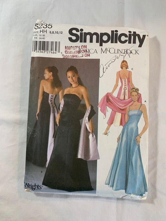 Simplicity Sewing Pattern Jessica McClintock 5235 Misses'/Misses' Petite Evening Dress, Floor Length, Evening Gown, Two Lengths, Shawl, Sleeveless, Darts, Size 6-12, Uncut, 2004