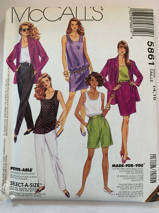 McCall's Sewing Pattern 5861 Misses' Unlined Jacket, Tank Dress, Top, Skirt, Pants, Shorts, Loose-Fitting, Shoulder Pads, Pockets, Size 14-16, Uncut, Vintage 1992