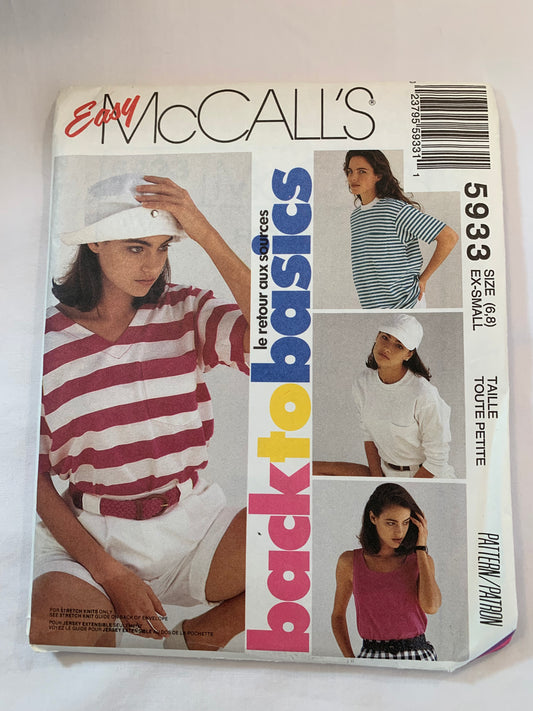 McCall's Sewing Pattern 5933 Misses' T-Shirt, Tank Top, Stretch Knits Only, Pullover, Long/Short Sleeves, Loose-Fitting, Size 6-24, Uncut, Vintage 1992
