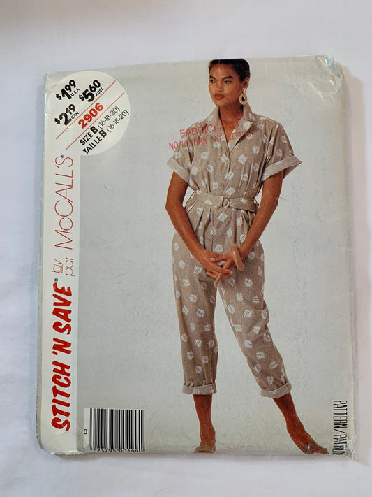 McCall's Sewing Pattern Stitch 'N Save 2906 Misses' Jumpsuit, Belt, Pleats, Shoulder Pads, Collar, Button front, Pockets, Size 16-20, Uncut, Vintage 1987