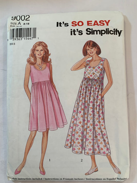 Simplicity Sewing Pattern 9002 Misses' Dresses, Two Lengths, Pullover, Full Skirt, Sleeveless, Gathered Waist, Size 8-18,Uncut, Vintage 1994