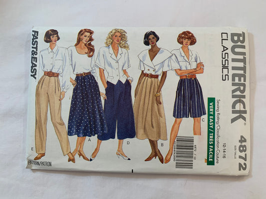 Butterick Sewing Pattern 4872 Misses' Skirt, Shorts, Culottes, Pants, Two Lengths, Flared, Pockets, Elastic Waistline, Pull-On, Size 6-22, Uncut, Vintage 1990