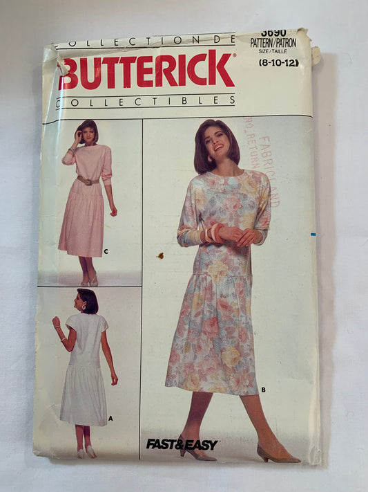 Butterick Sewing Pattern 3690 Misses' Dress, Dropped Waist, Dirndl Skirt, Shoulder Pads, Button Back, Long Sleeves, Pocket, Size 8-18, Uncut, Vintage 1986
