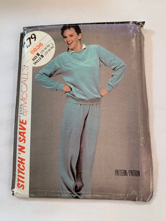 McCall's Sewing Pattern Stitch 'n Save 8836 Misses' Top, Pants, Stretch Knits Only, Pullover, Long Sleeves, Elastic Waist, Size 12-16, Uncut, Vintage 1983