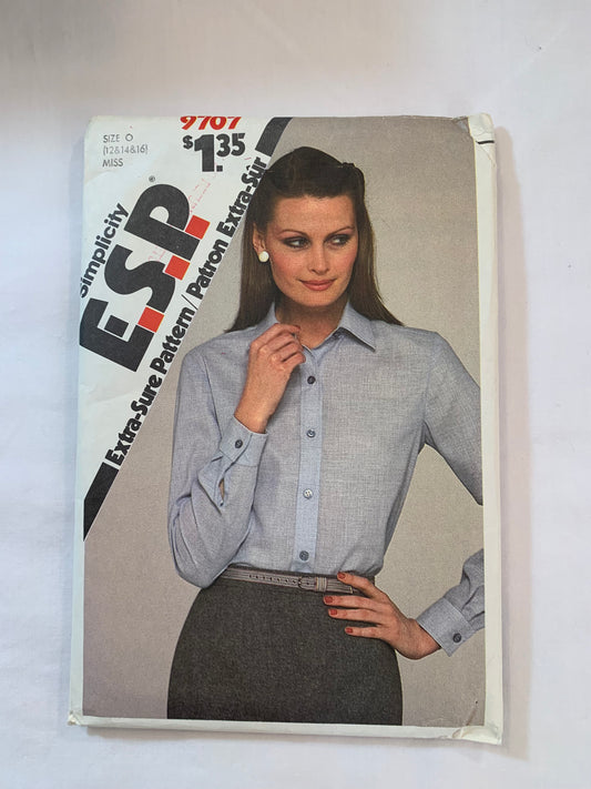 Simplicity Sewing Pattern 9707 Misses' Blouses, Shirts, Button Front, Long Sleeves, Collar, Size 12-16, Uncut, Vintage 1980